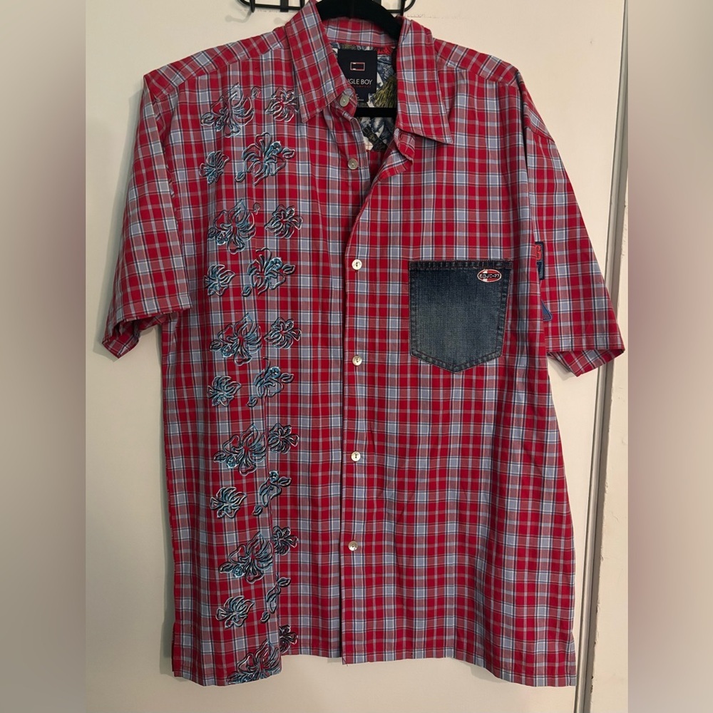 Y2K Bugle Boy Vintage Plaid Shirt Denim Pocket Button Up Red‎ Blue Medium